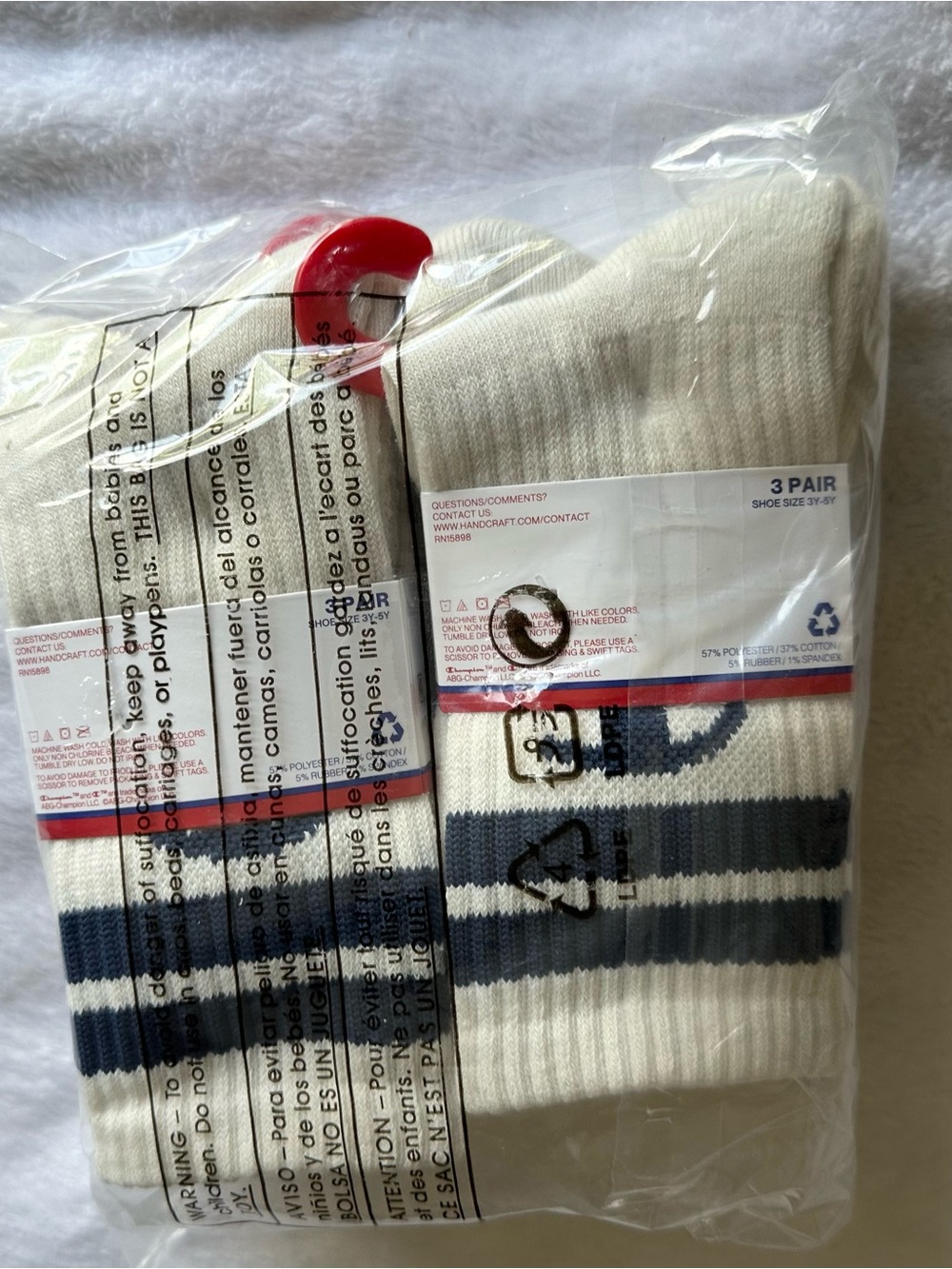 Champion White Crew Athletic Socks with Navy Stripes - 3 Pair